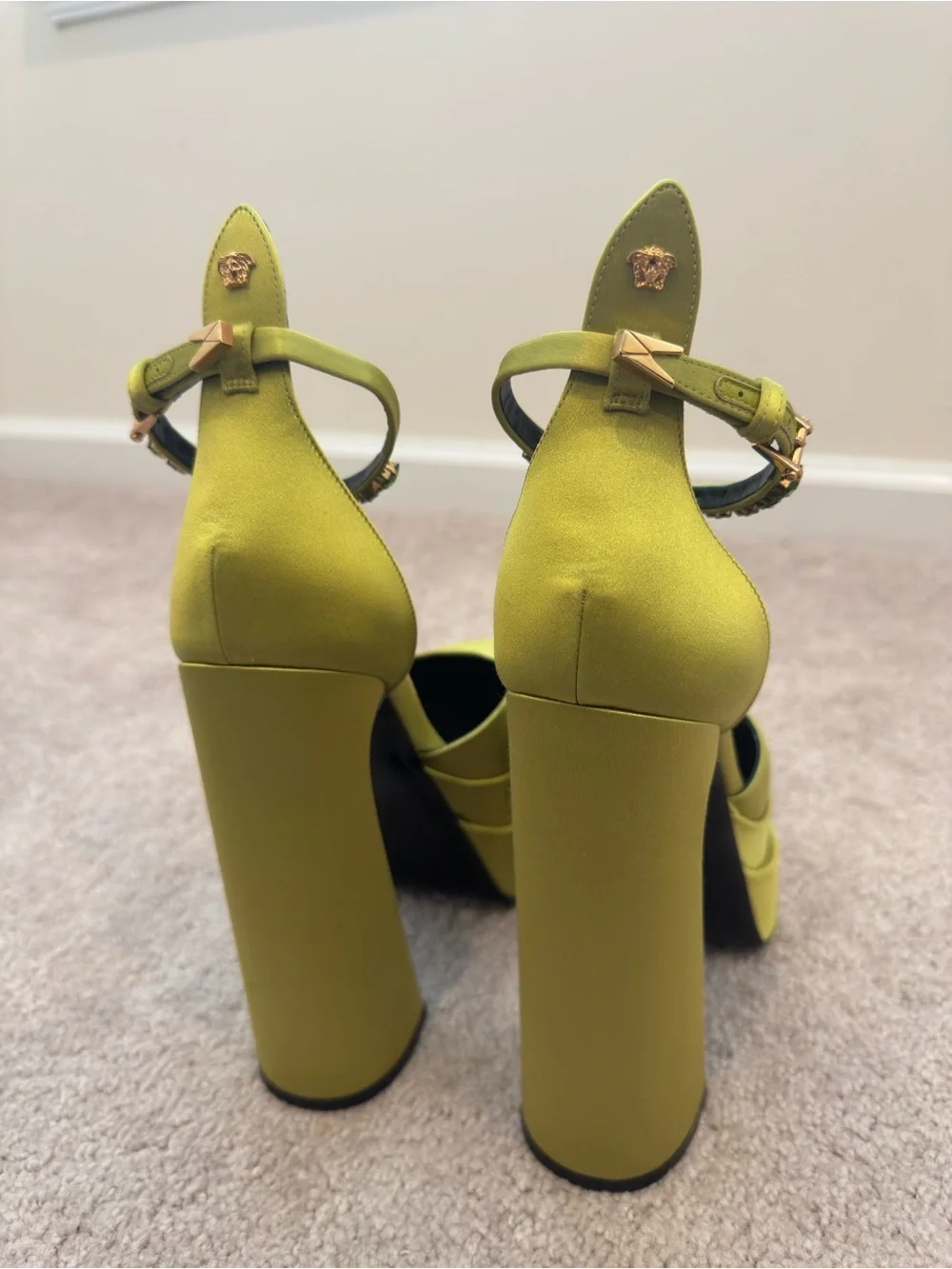 Versace Olive Green Platform Ankle-Strap Pumps with Embellished Buckle